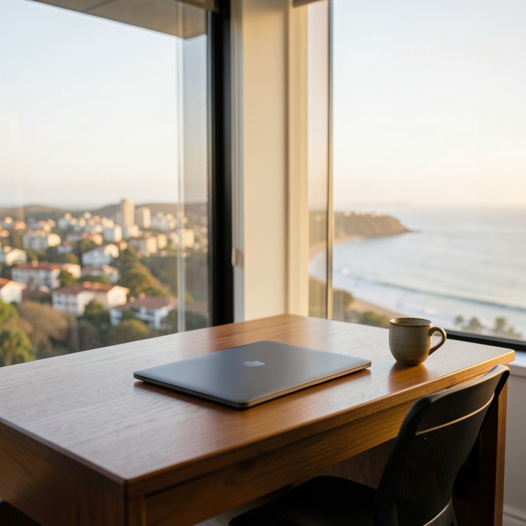 Remote worker laptop on a home desk with city light beyond
