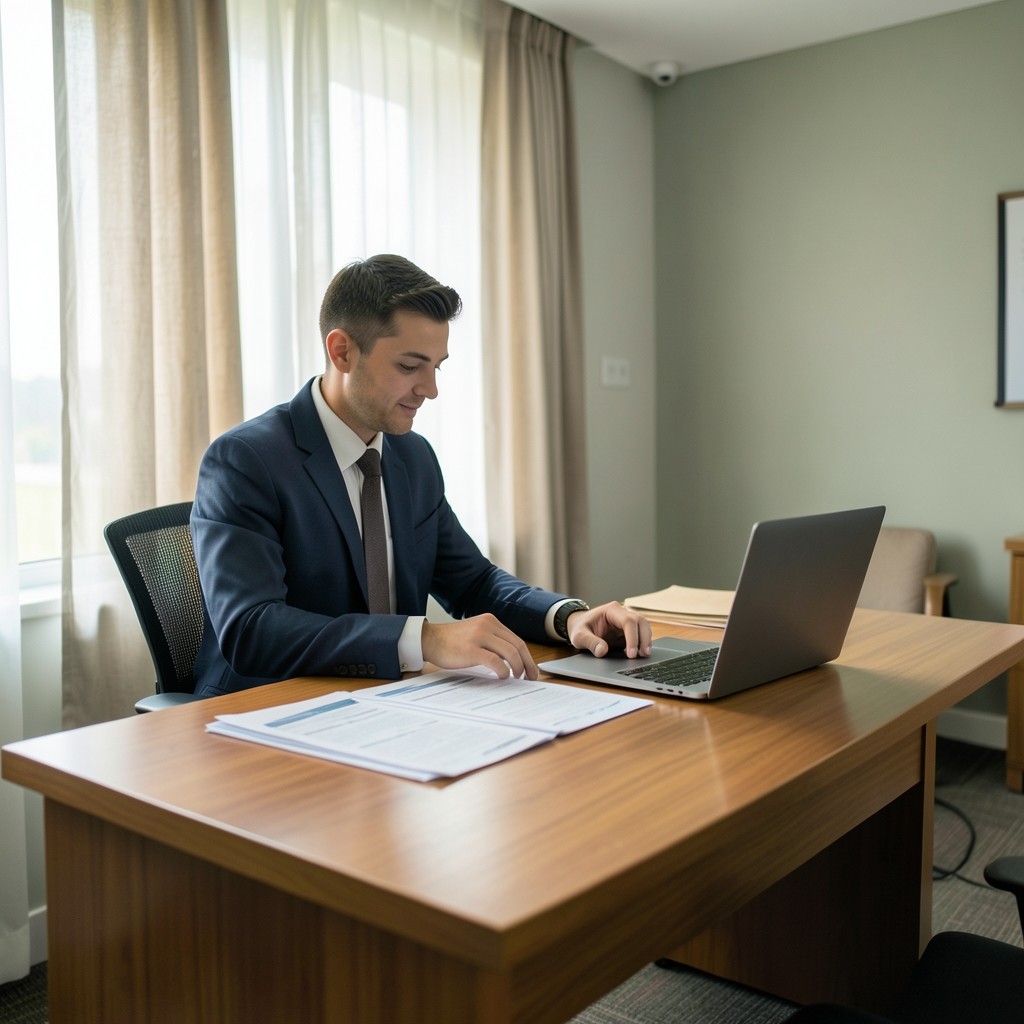 Consultant reviewing endpoint protection setup notes in a bright South African office
