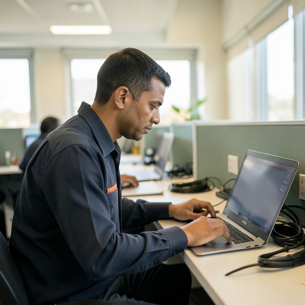 Technician configuring endpoint protection on office workstations